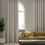 "Chevron wool curtains with genuine leather snap button tabs, offering SPF 50+ protection, energy efficiency, and customizable light control."