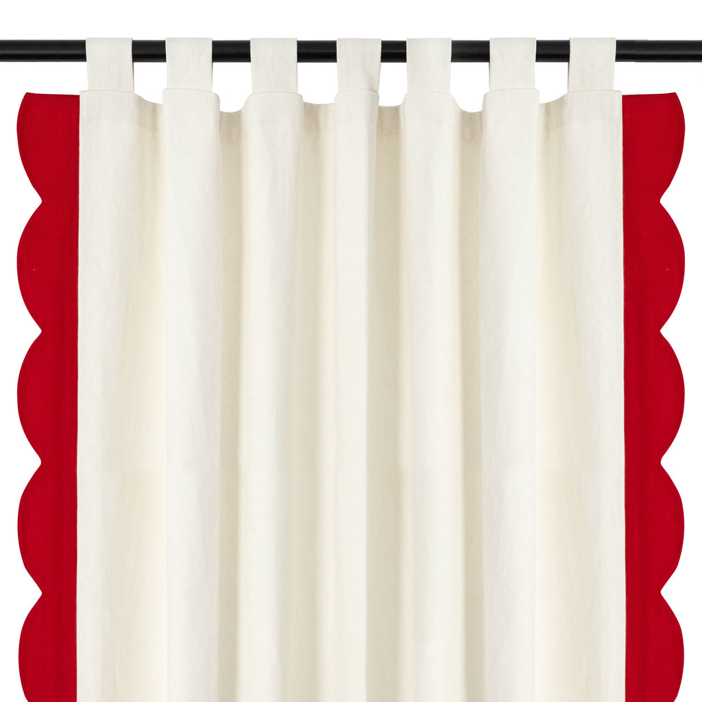 "Handcrafted ivory-red scalloped cotton blend curtains, perfect for creating a cozy, playful Christmas theme in kids' rooms, nurseries, and more!"