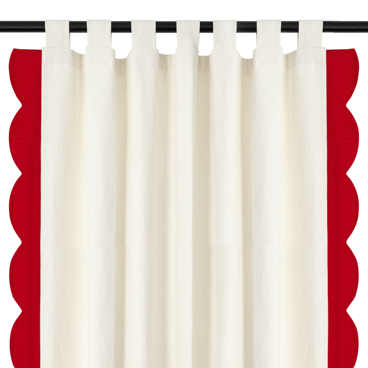 "Handcrafted ivory-red scalloped cotton blend curtains, perfect for creating a cozy, playful Christmas theme in kids' rooms, nurseries, and more!"