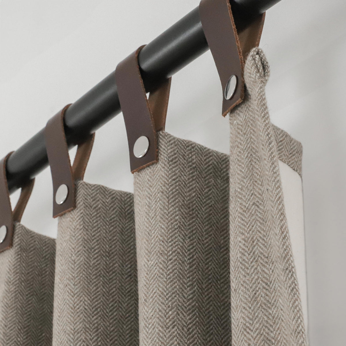 Taupe Chevron Wool Curtains With Leather Tabs