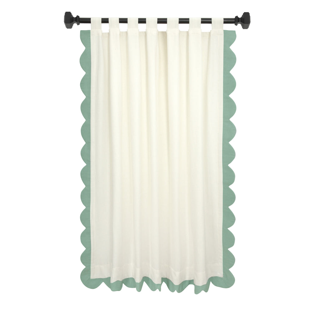 "Playful ivory-red scalloped cotton blend curtains with white cotton lining, perfect for adding style and comfort to kids' rooms, nurseries, and more!"