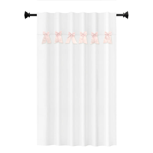 "Handcrafted bow valance curtain with white cotton lining, customizable sizes/colors, and optional blackout lining for added privacy."
