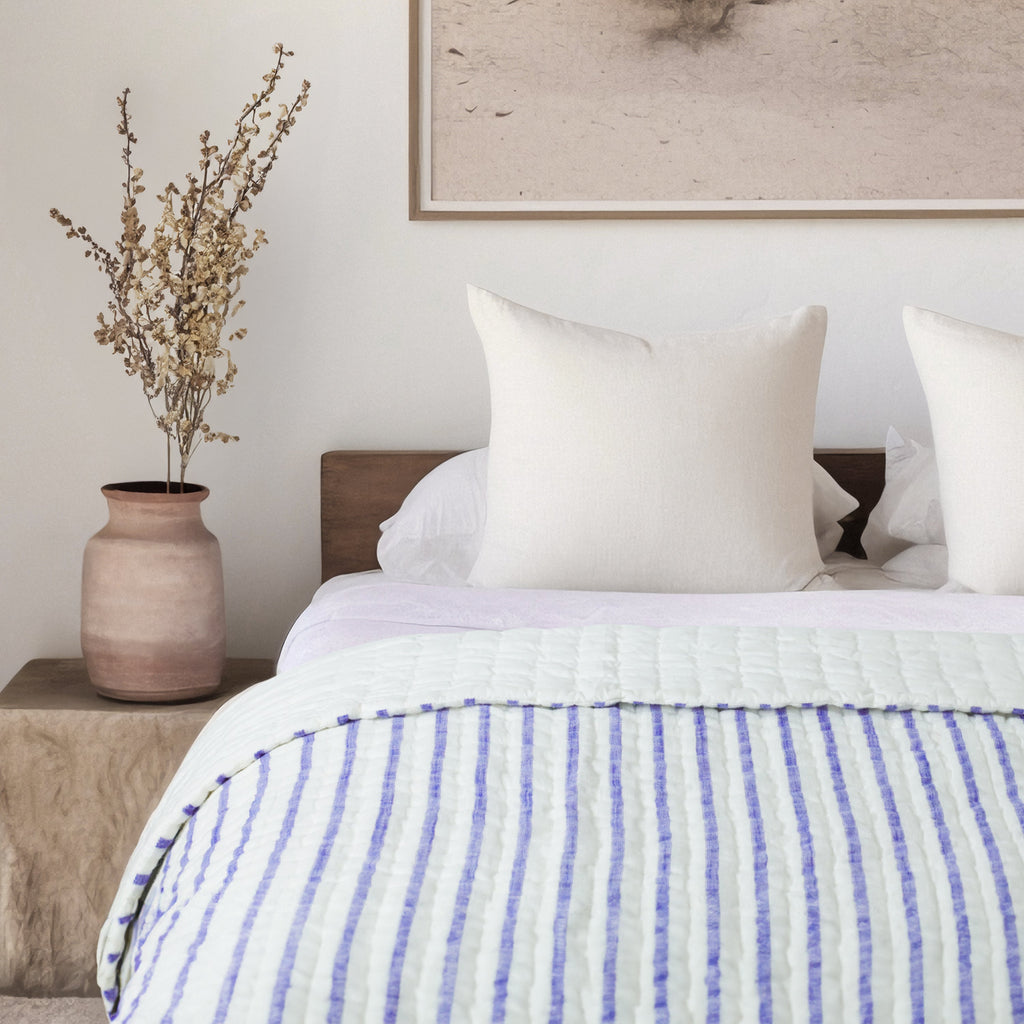 Handcrafted blue white striped quilt – lightweight, custom-size comforter for kids and dorm rooms.