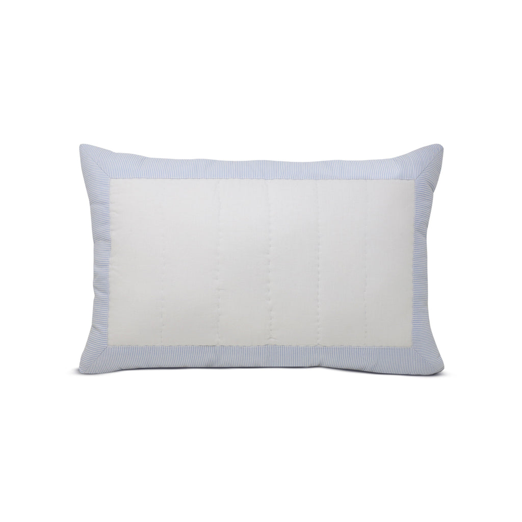 "White cotton sham with blue striped boarder. The shams are available in multiple sizes and can be purchased separately."