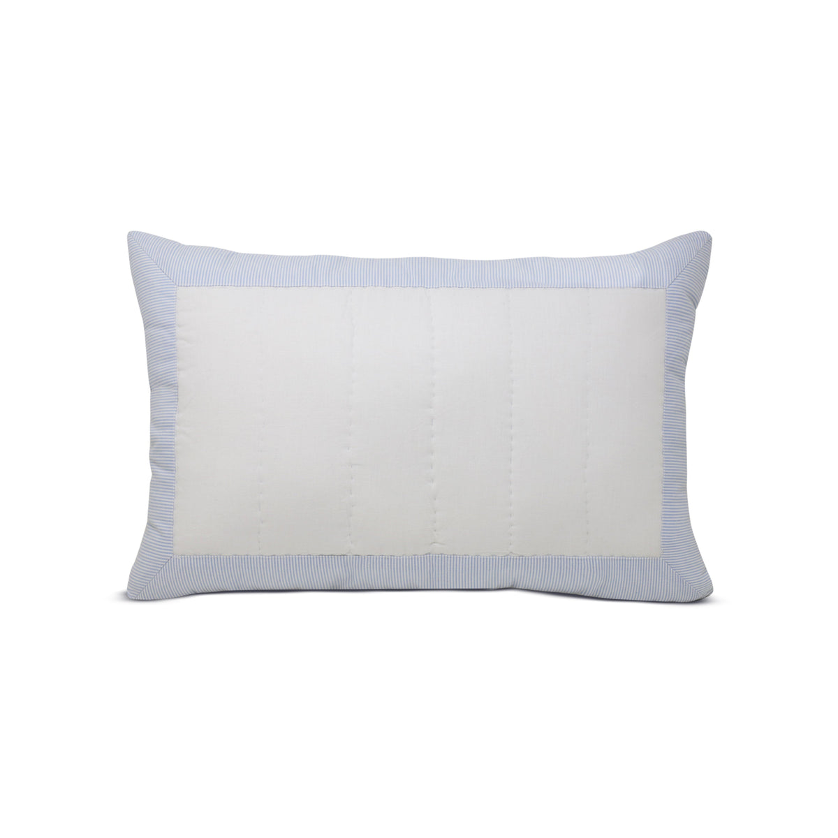 "White cotton sham with blue striped boarder. The shams are available in multiple sizes and can be purchased separately."