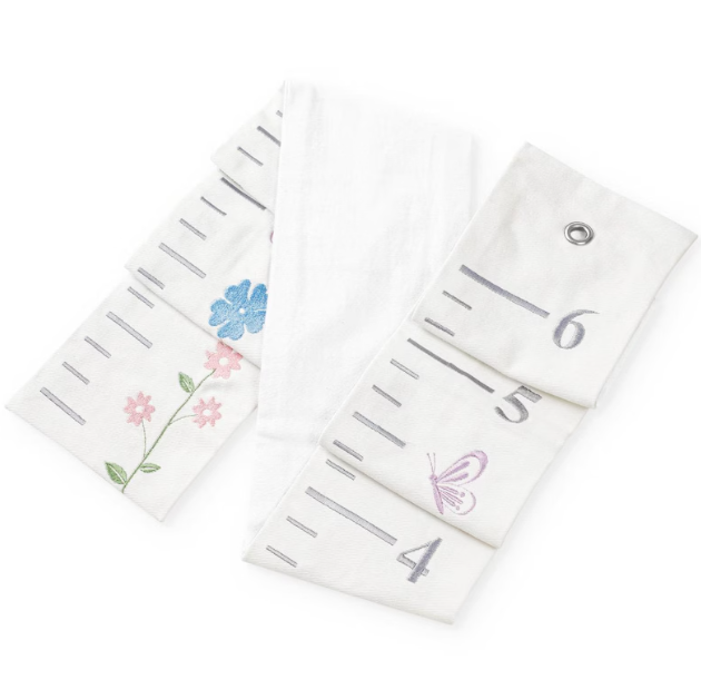 "Bespoke embroidered growth chart for girls—a personalized floral height ruler to track your child’s growth beautifully."