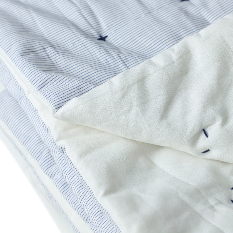 Handmade Quilt Blue White Striped Cotton, Cross Quilting, Comforter