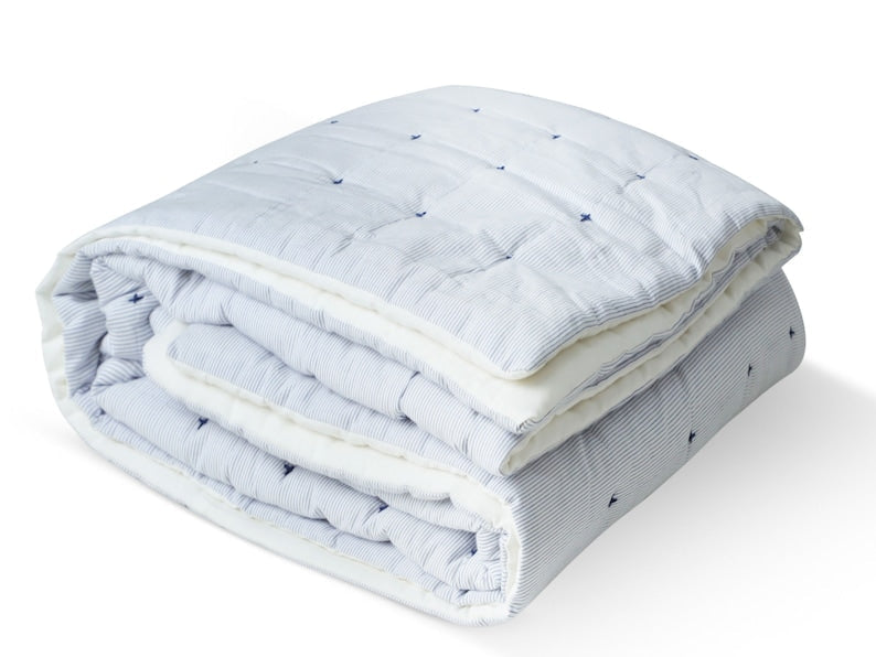 Handmade Quilt Blue White Striped Cotton, Cross Quilting, Comforter