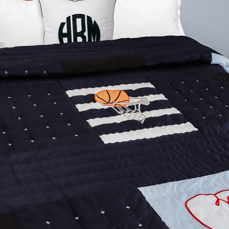 "Handcrafted twin sports quilt - durable applique boys' bedding with shams, a fun gift for sports-loving kids" 