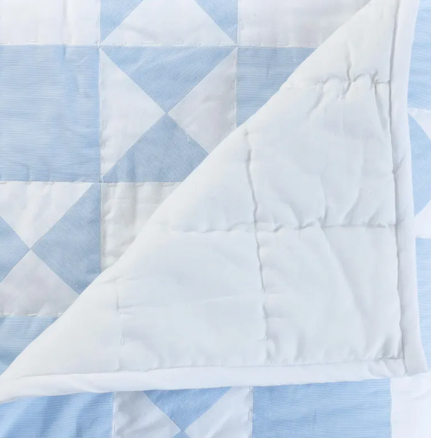 Handcrafted blue and white triangle quilt with  patchwork design, breathable and cozy bedding for twin beds, All season quilt and sham.