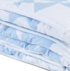 Handmade, breathable cotton quilt in a blue and white geometric pattern. Lightweight lap blanket, ideal for year-round use. Available in all sizes, including twin size beds and boys' dorm blankets.
